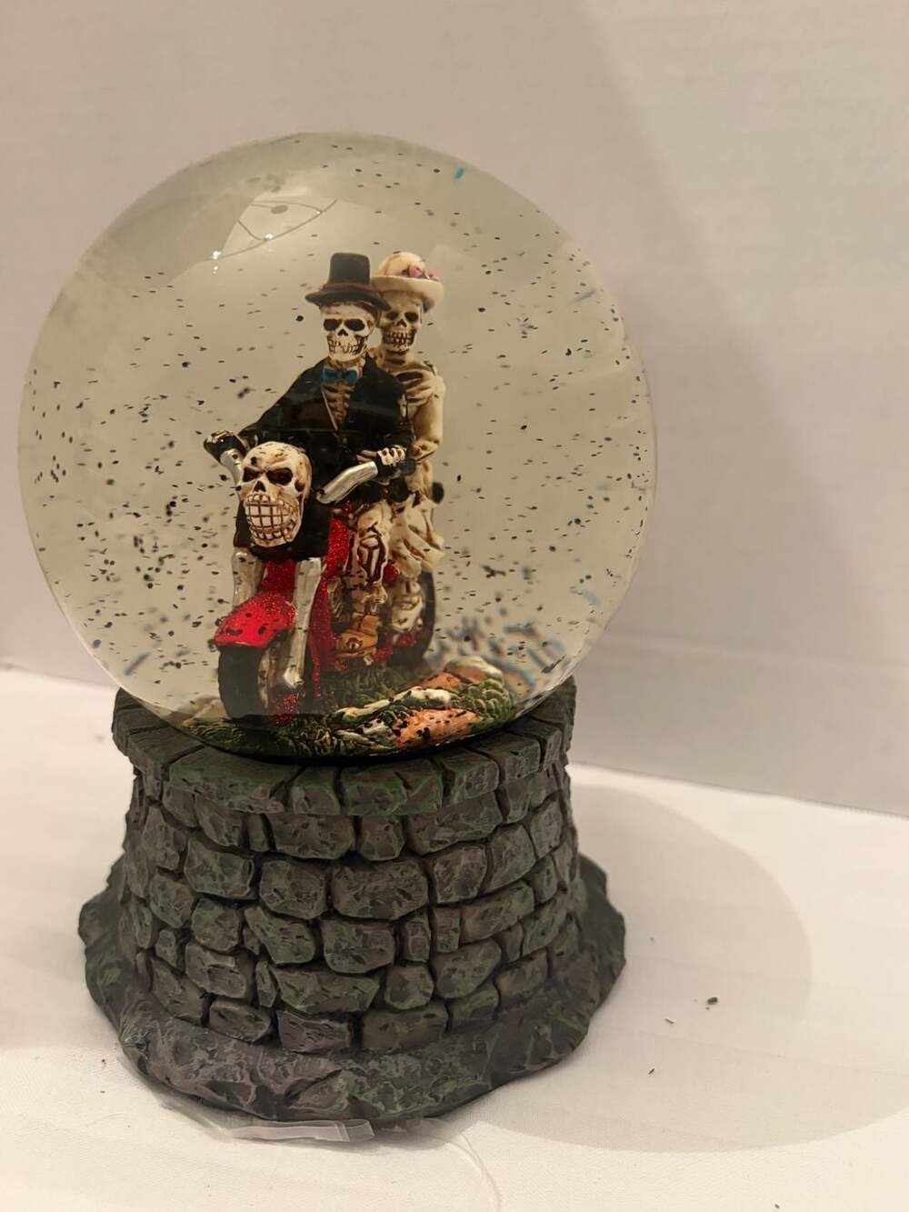 Bella Lux Halloween Skeleton Wedding Couple on Motorcycle Musical Snow Globe